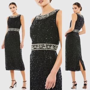 Mac Duggal Black Embellished Sleeveless High Neck Size 14 Midi Dress 10739 NWOT